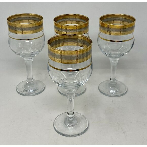 Set 4 Cristalleria Fratelli Fumo Wine Glasses Italy Gold & Platinum Banded MCM - Picture 1 of 8